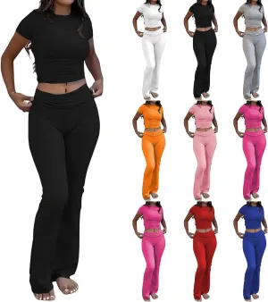 Womens 2 Piece Lounge Sets Foldover Yoga Flare Leggings Pant Short Sleeve Crop Top Casual Y2k Outfits Matching Set Tracksuit
