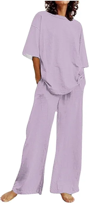 Women's 2 Piece Outfits Cotton Linen Sweatsuit Casual Short Sleeve Pullover Tops and Wide Leg Pants Lounge Sets 2025