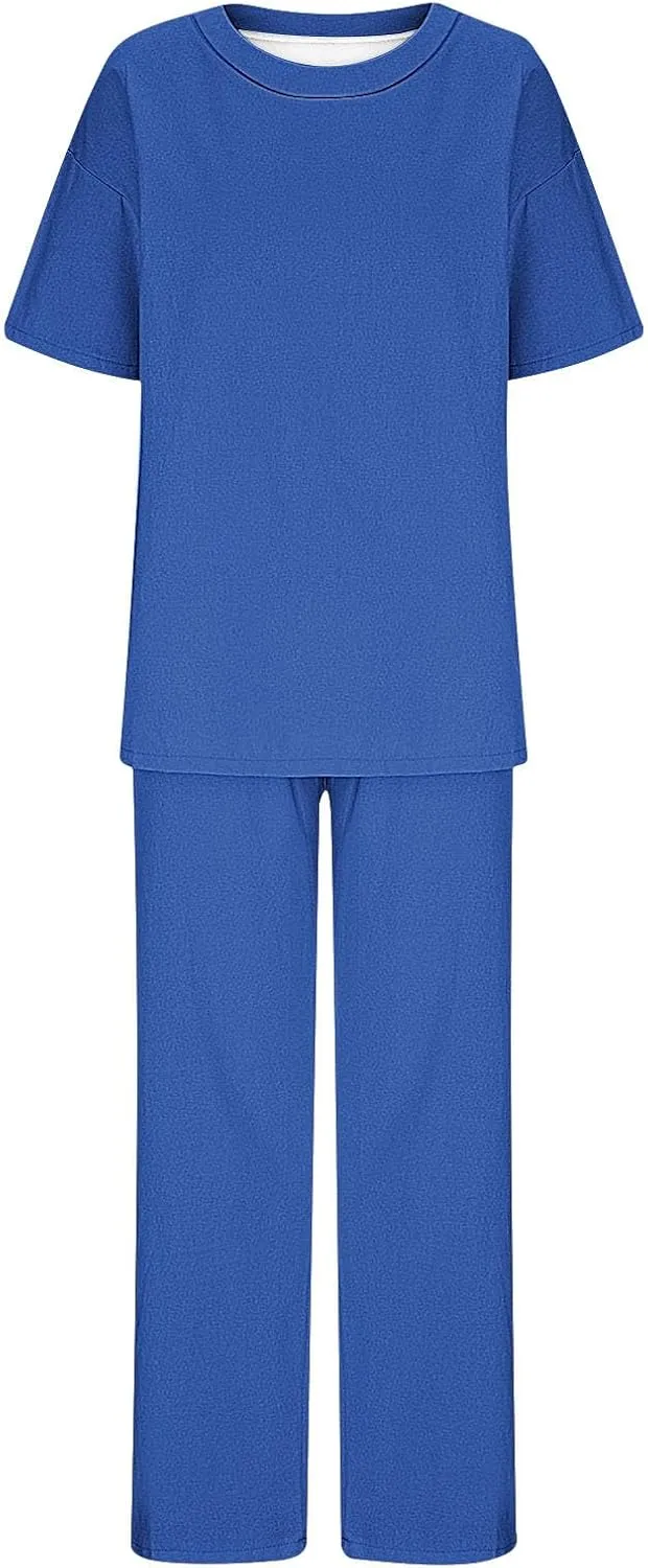 Women's 2 Piece Outfits Cotton Linen Sweatsuit Casual Short Sleeve Pullover Tops and Wide Leg Pants Lounge Sets 2025