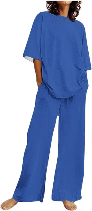 Women's 2 Piece Outfits Cotton Linen Sweatsuit Casual Short Sleeve Pullover Tops and Wide Leg Pants Lounge Sets 2025