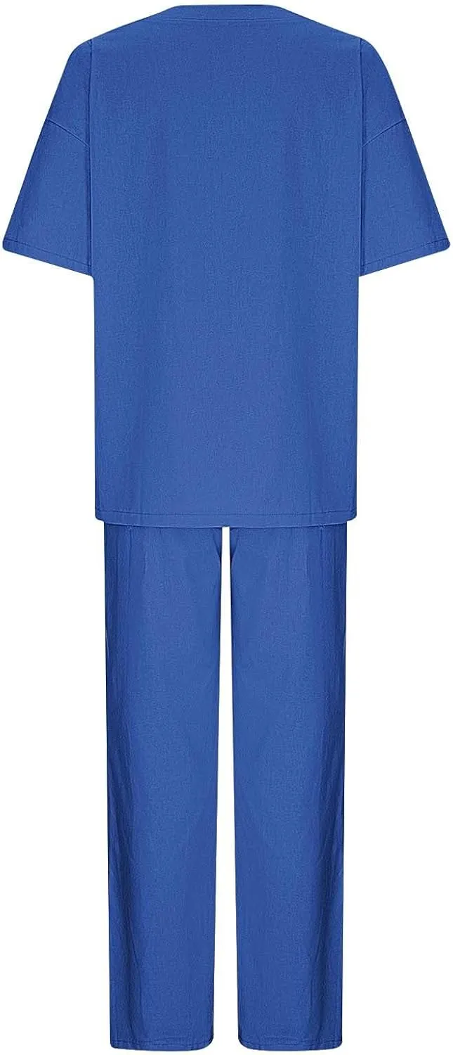 Women's 2 Piece Outfits Cotton Linen Sweatsuit Casual Short Sleeve Pullover Tops and Wide Leg Pants Lounge Sets 2025