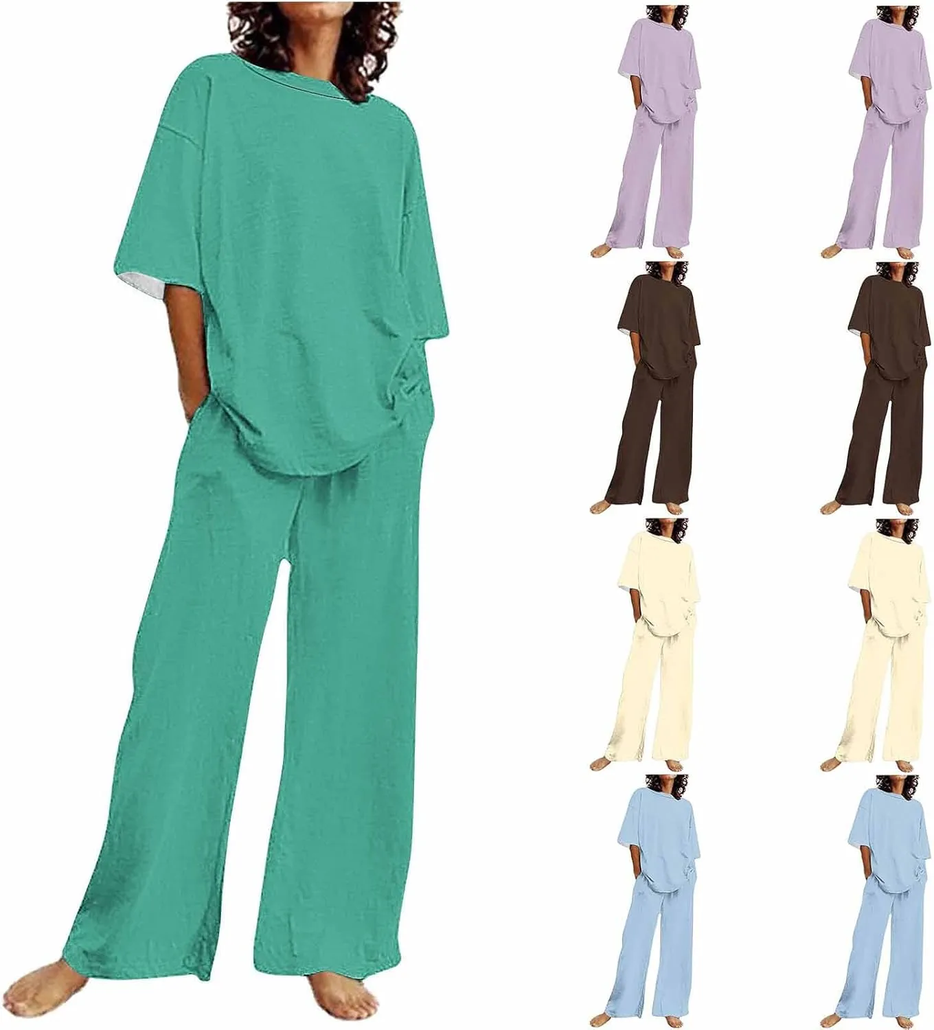 Women's 2 Piece Outfits Cotton Linen Sweatsuit Casual Short Sleeve Pullover Tops and Wide Leg Pants Lounge Sets 2025
