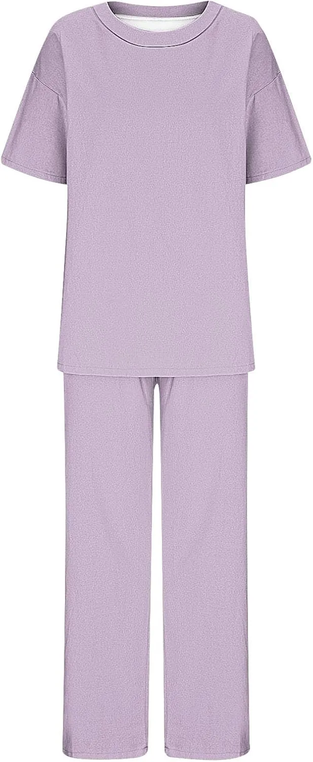 Women's 2 Piece Outfits Cotton Linen Sweatsuit Casual Short Sleeve Pullover Tops and Wide Leg Pants Lounge Sets 2025