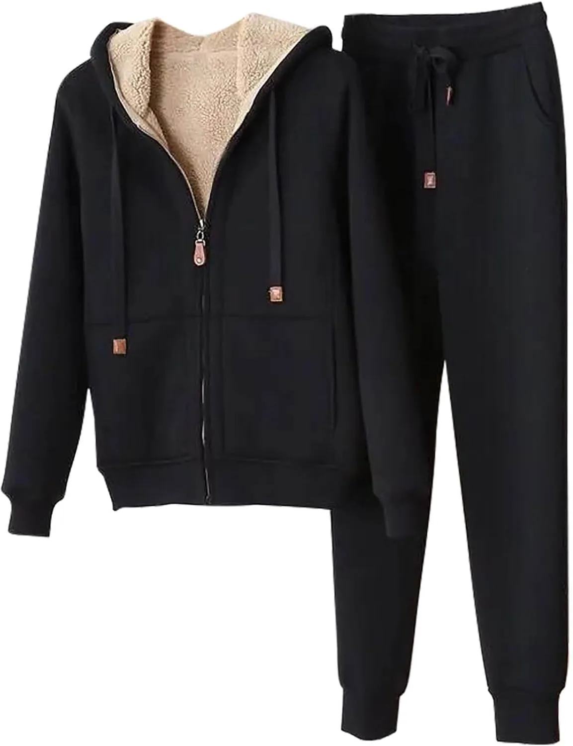 Womens 2 Piece Outfits Fleece Lined Sweatsuits Zip Up Sherpa Lined Hoodie Jacket Sweatpants Tracksuit Set with Pockets