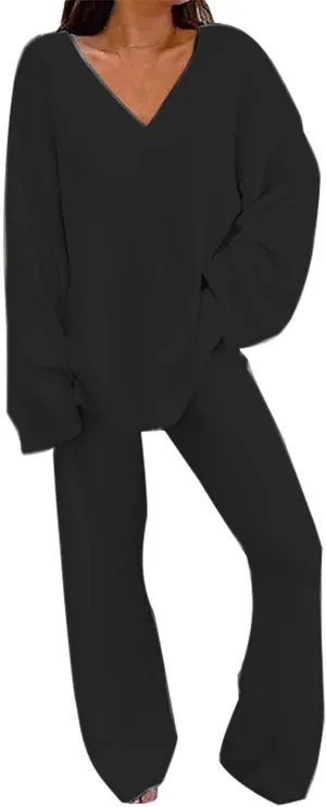 Women's 2 Piece Outfits Fuzzy Fleece Pajama Set Long Sleeve Top Wide Loungewear Lounge Sets for Women Sweatsuits