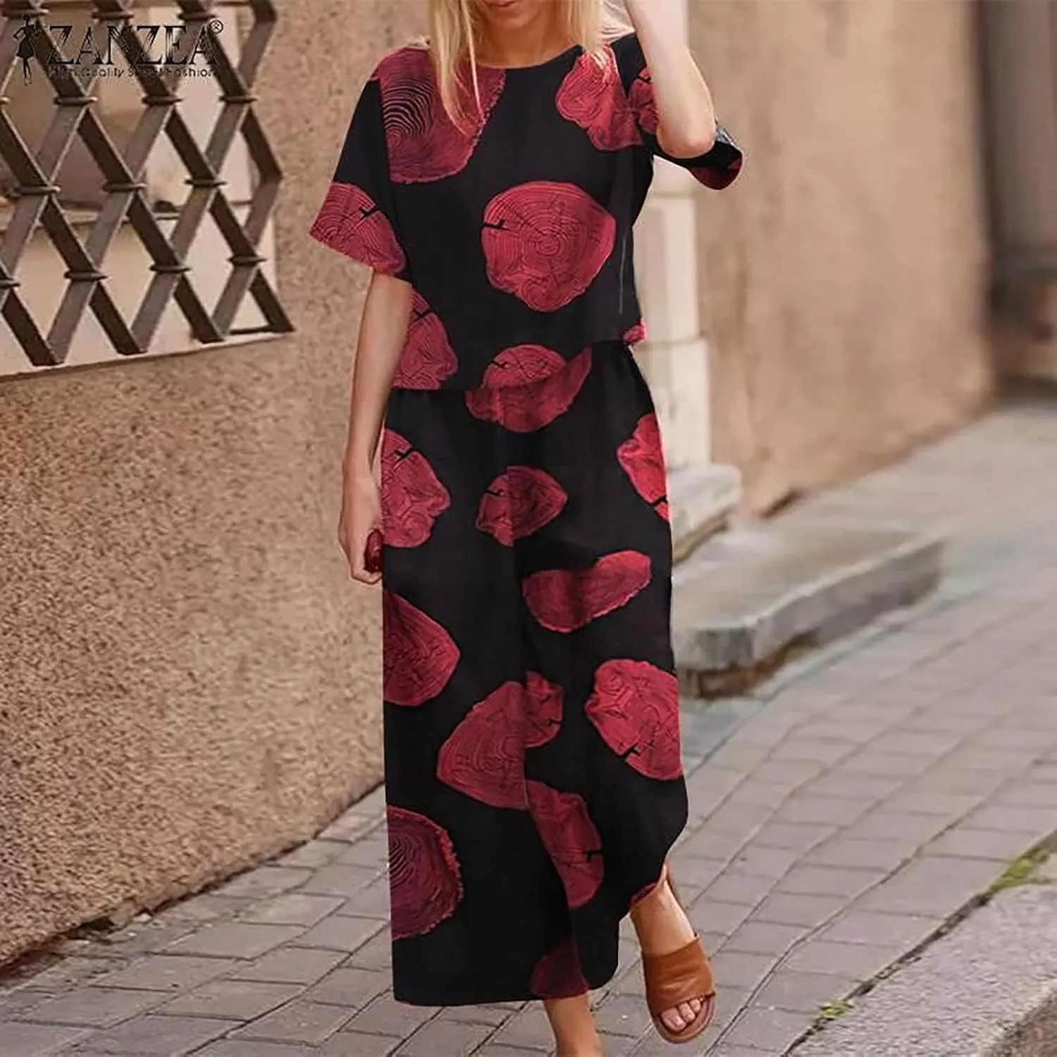 Women's 2 Piece Outfits Linen Short Sleeve Casual Sets Crewneck Tops Wide Leg Pants Summer Plus Size Lounge Suits