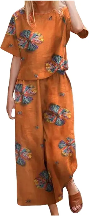 Women's 2 Piece Outfits Linen Short Sleeve Set Women Crewneck Tops Wide Leg Pants Set Plus Size Summer Matching Outfit