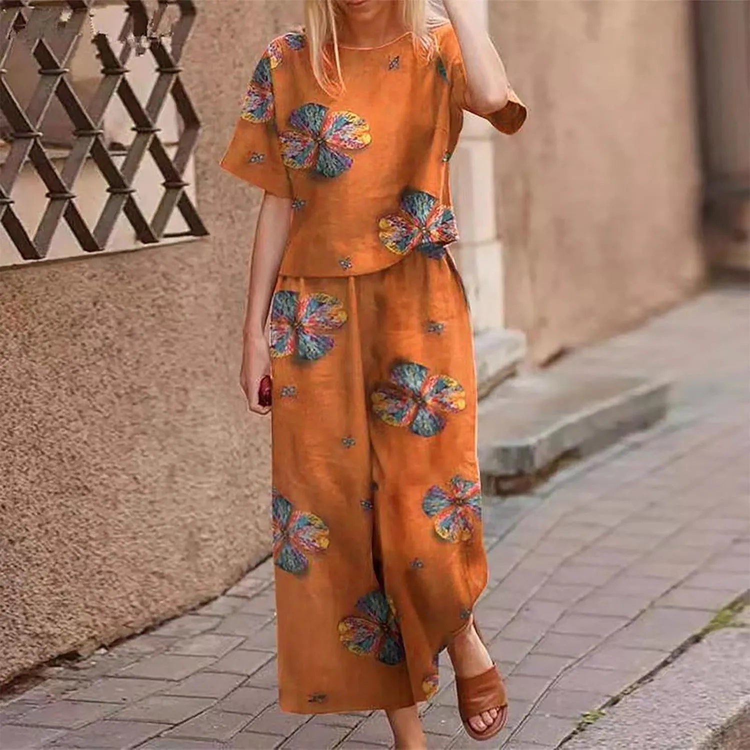 Women's 2 Piece Outfits Linen Short Sleeve Set Women Crewneck Tops Wide Leg Pants Set Plus Size Summer Matching Outfit