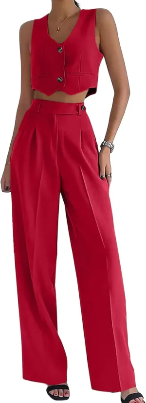 Women's 2 Piece Outfits Summer U Neck Button Sleeveless Crop Tops High Waist Wide Leg Pant Sets Casual Vest Suits
