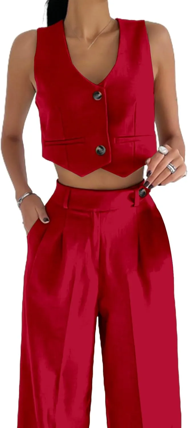 Women's 2 Piece Outfits Summer U Neck Button Sleeveless Crop Tops High Waist Wide Leg Pant Sets Casual Vest Suits