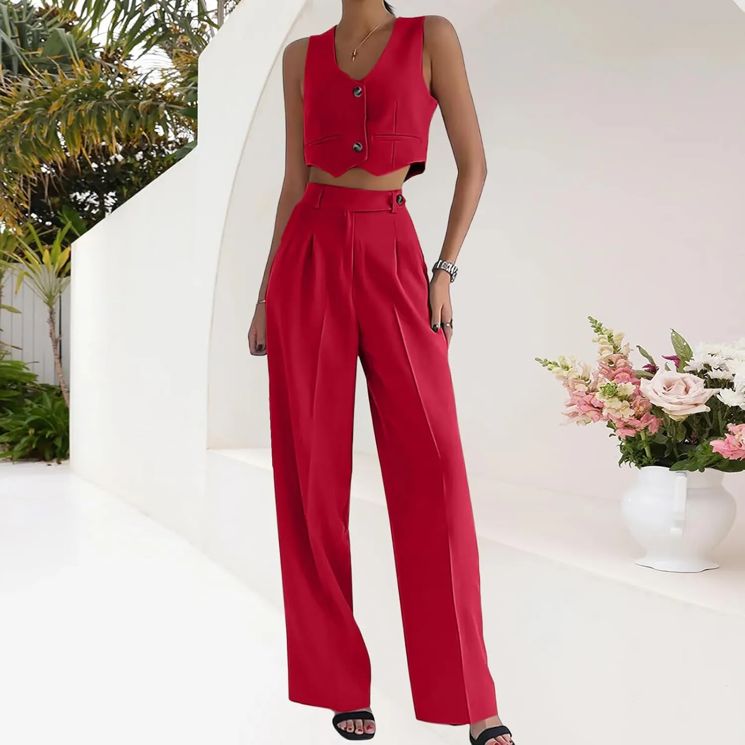 Women's 2 Piece Outfits Summer U Neck Button Sleeveless Crop Tops High Waist Wide Leg Pant Sets Casual Vest Suits