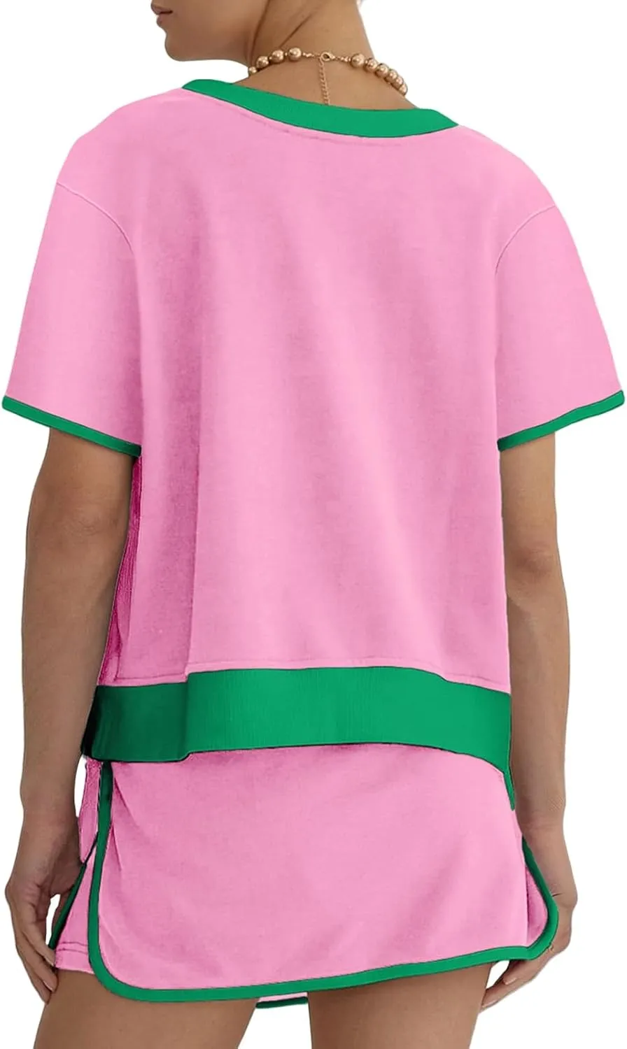 Women's 2 Piece Skirt Sets Summer Loose Crew Neck Short Sleeve Tops Drawstring Skirts Outfits Trendy Color Block Set