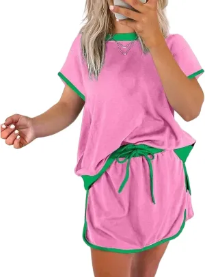Women's 2 Piece Skirt Sets Summer Loose Crew Neck Short Sleeve Tops Drawstring Skirts Outfits Trendy Color Block Set