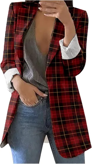 Womens 2024 Trendy Casual Blazers Open Front Long Sleeve Cardigan Work Office Suit Jacket Printed Blazer with Pocket