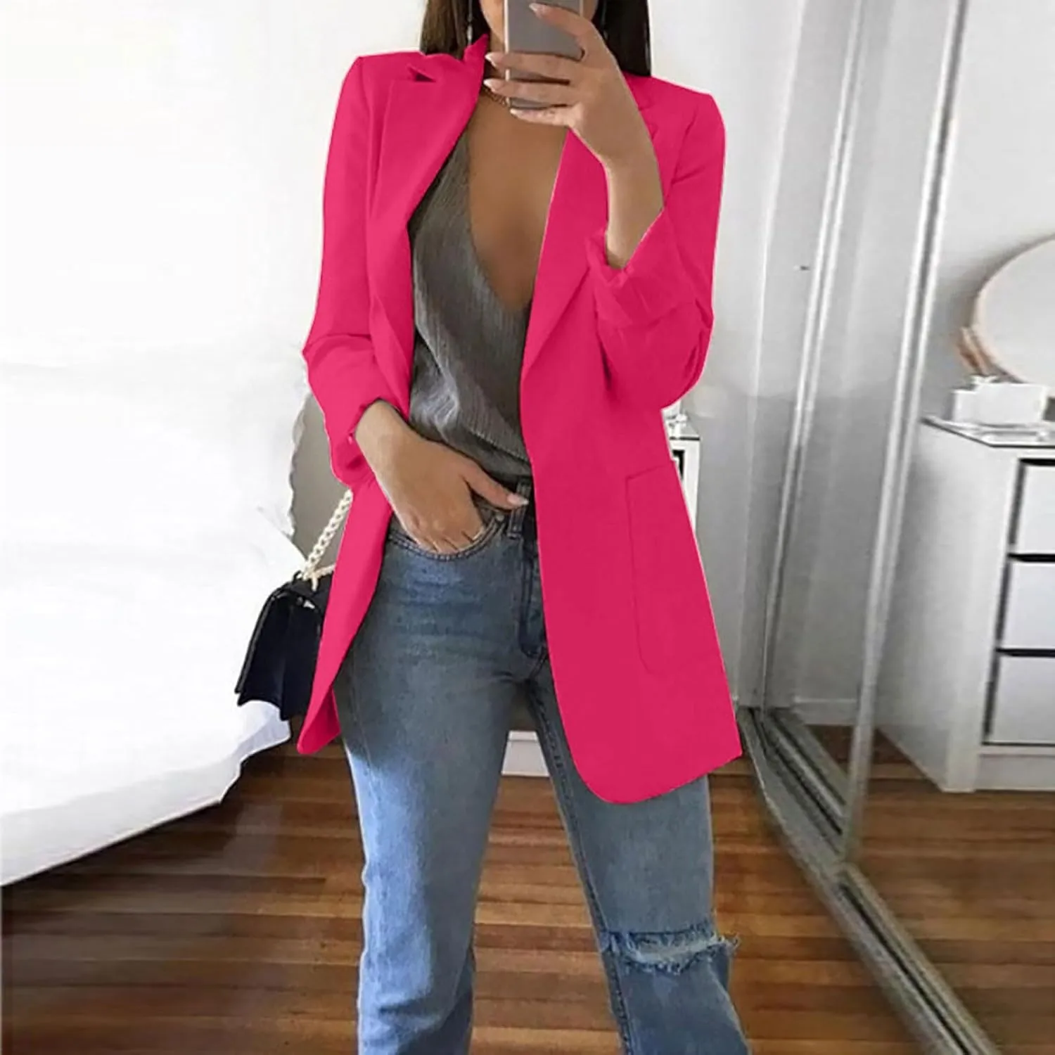 Womens 2024 Trendy Casual Blazers Open Front Long Sleeve Cardigan Work Office Suit Jacket Printed Blazer with Pocket