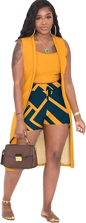 Women's 3 Piece Shorts Set Outfits Long Cardigan Shorts and Vest Sweatsuits Set Matching Lounge Track Suits