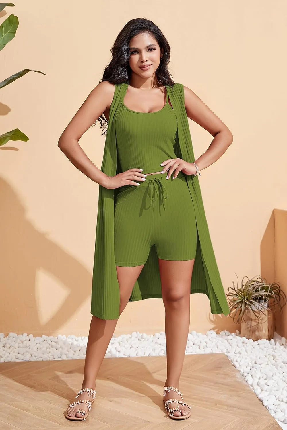 Women's 3 Piece Shorts Set Outfits Long Cardigan Shorts and Vest Sweatsuits Set Matching Lounge Track Suits