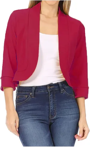Womens 3/4 Sleeve Blazers Casual Open Front Cardigan Jackets Lightweight Collarless Cropped Work Office Blazer