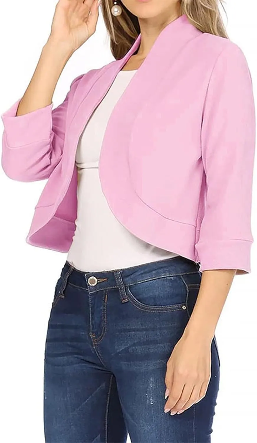 Womens 3/4 Sleeve Blazers Casual Open Front Cardigan Jackets Lightweight Collarless Cropped Work Office Blazer