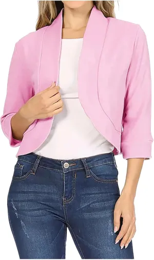 Womens 3/4 Sleeve Blazers Casual Open Front Cardigan Jackets Lightweight Collarless Cropped Work Office Blazer