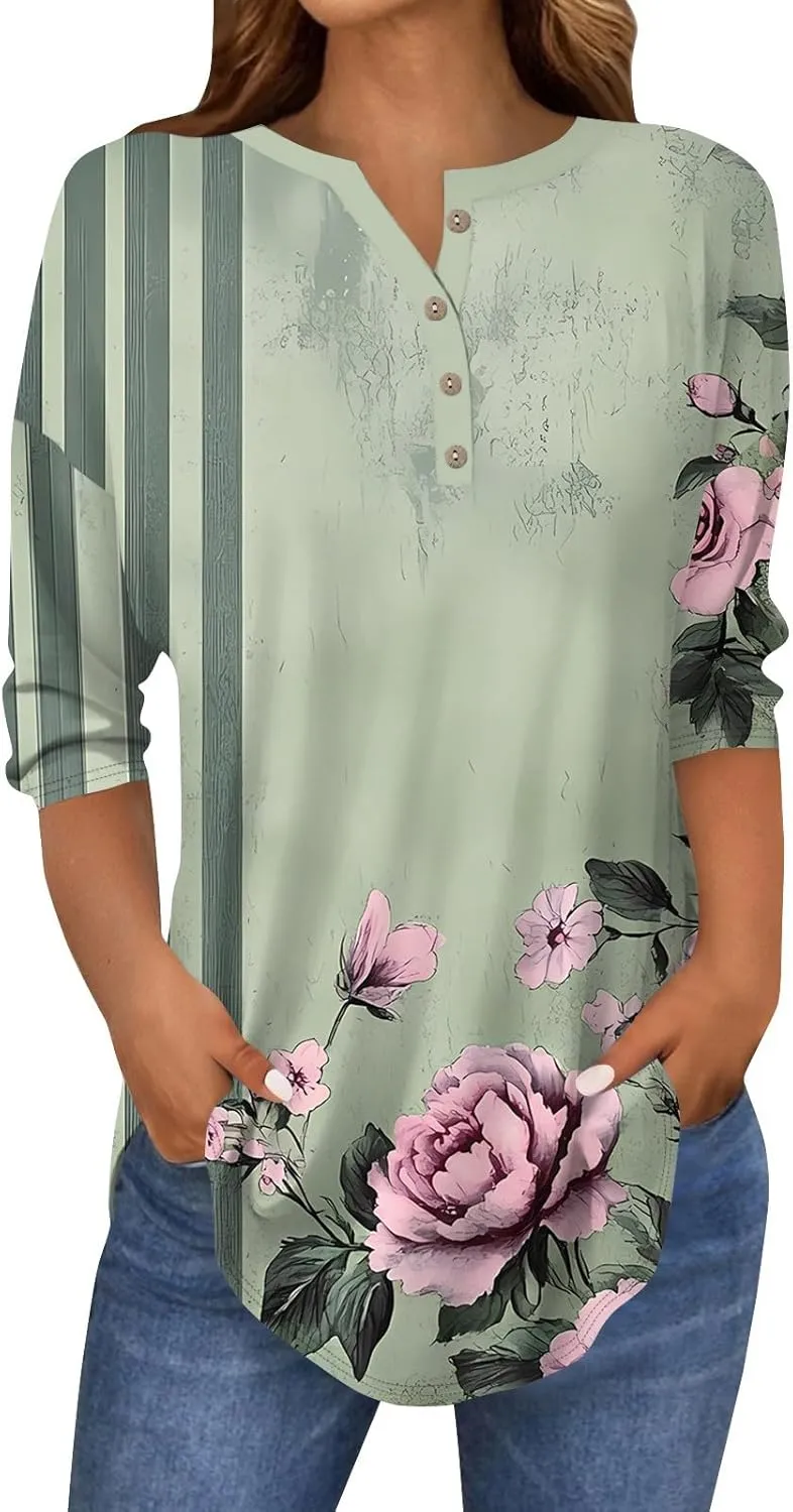 Womens 3/4 Sleeve T Shirts Comfort,Womens Summer Tops Vacation Womens Tops Summer 3/4 Sleeve Casual Floral Print Tunics