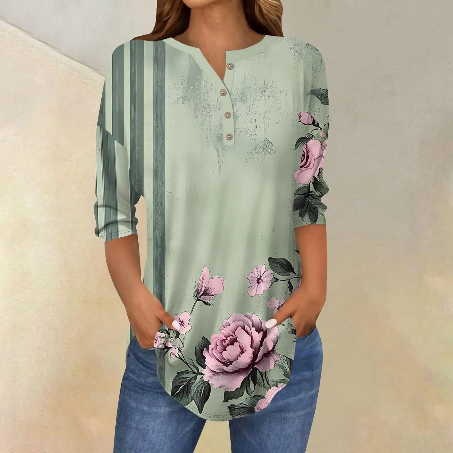 Womens 3/4 Sleeve T Shirts Comfort,Womens Summer Tops Vacation Womens Tops Summer 3/4 Sleeve Casual Floral Print Tunics