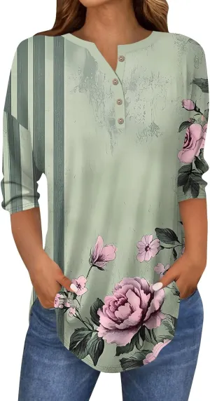 Womens 3/4 Sleeve T Shirts Comfort,Womens Summer Tops Vacation Womens Tops Summer 3/4 Sleeve Casual Floral Print Tunics