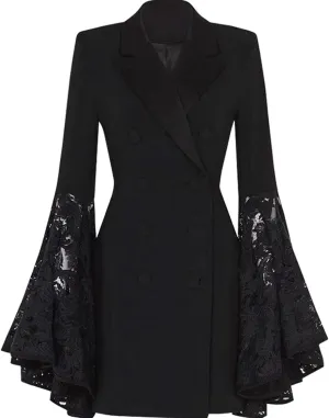 Women's Black Fashionable European and Horn Lace Patchwork Long Sleeved Small Suit Jacket Design Elegant Sense Suit
