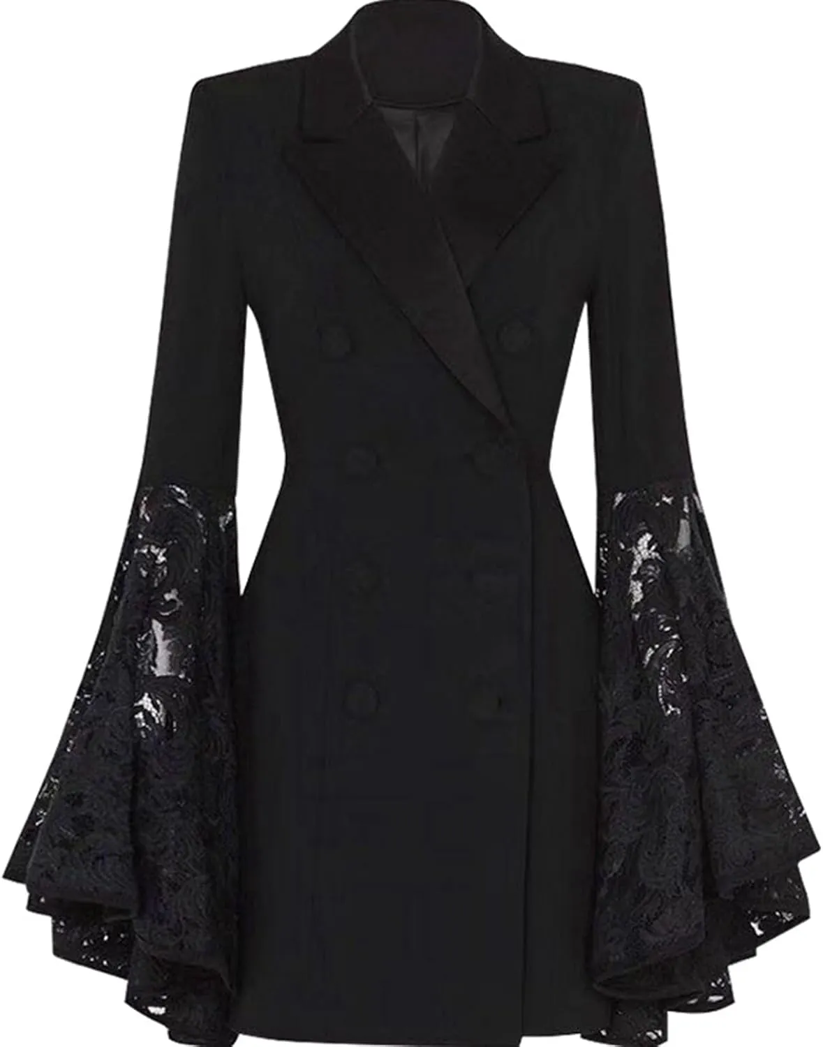Women's Black Fashionable European and Horn Lace Patchwork Long Sleeved Small Suit Jacket Design Elegant Sense Suit