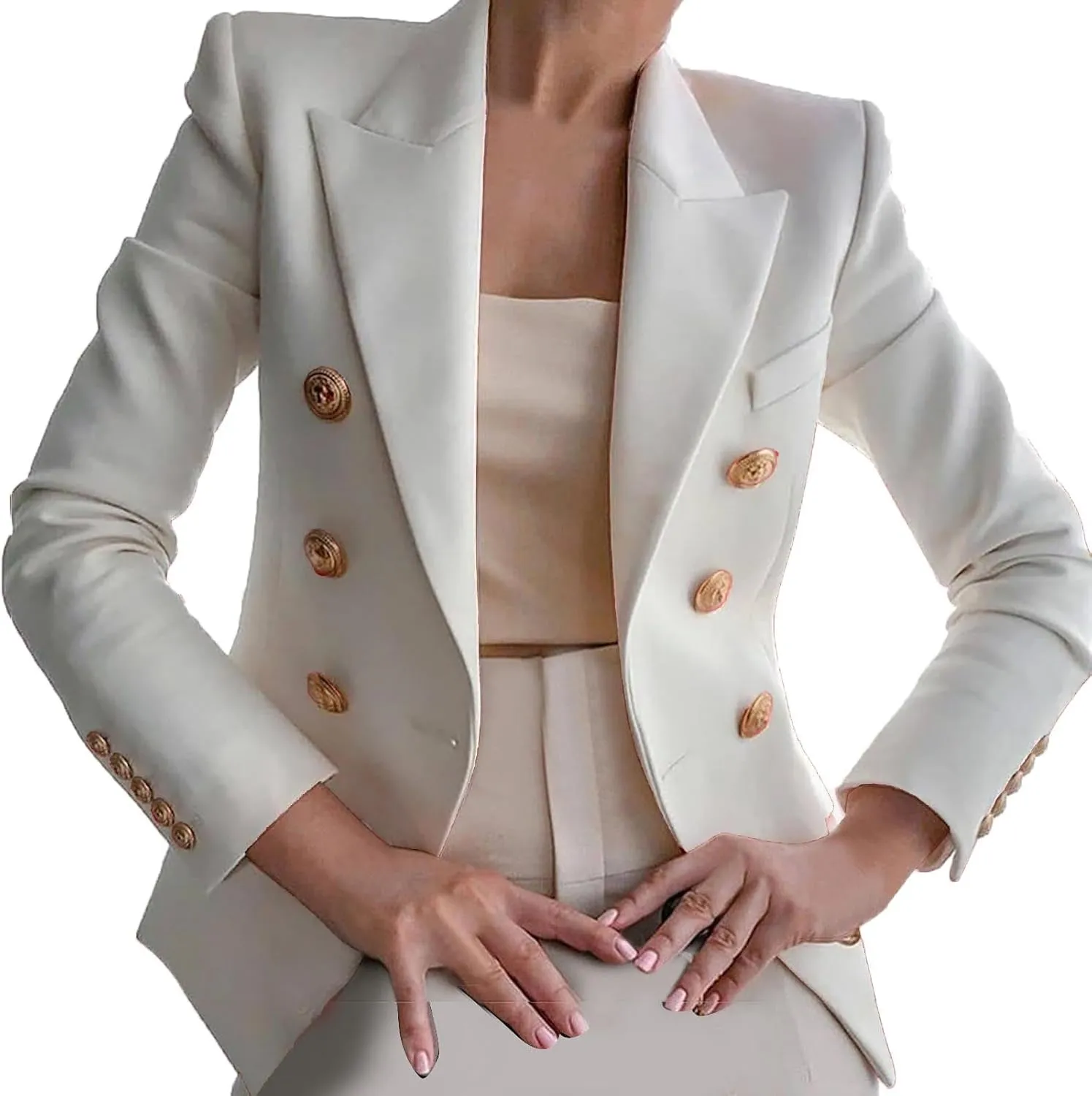 Women's Blazer Gold Casual Button Long Sleeve Work 0ffice Blazer Lightweight Open Front Lapel Jackets Trendy Clothes