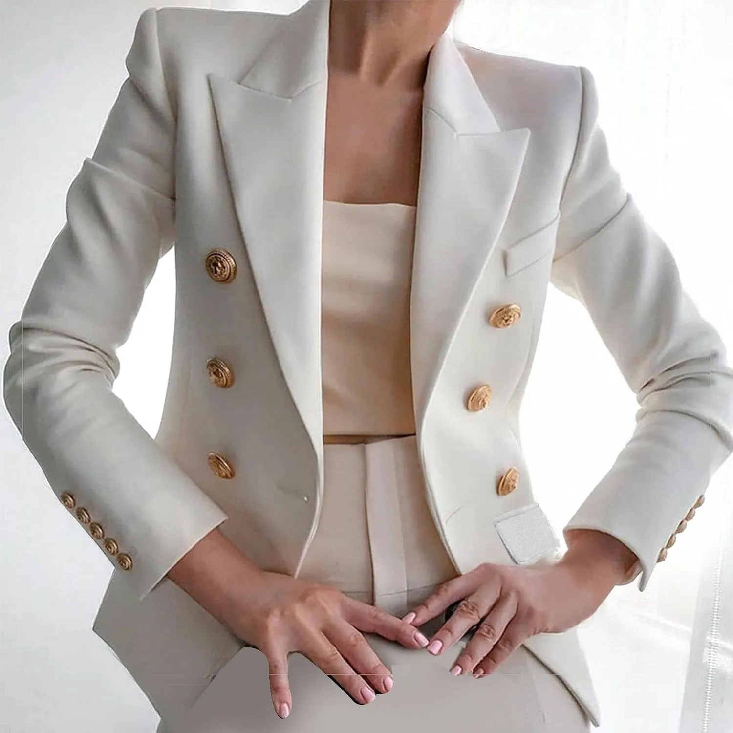 Women's Blazer Gold Casual Button Long Sleeve Work 0ffice Blazer Lightweight Open Front Lapel Jackets Trendy Clothes