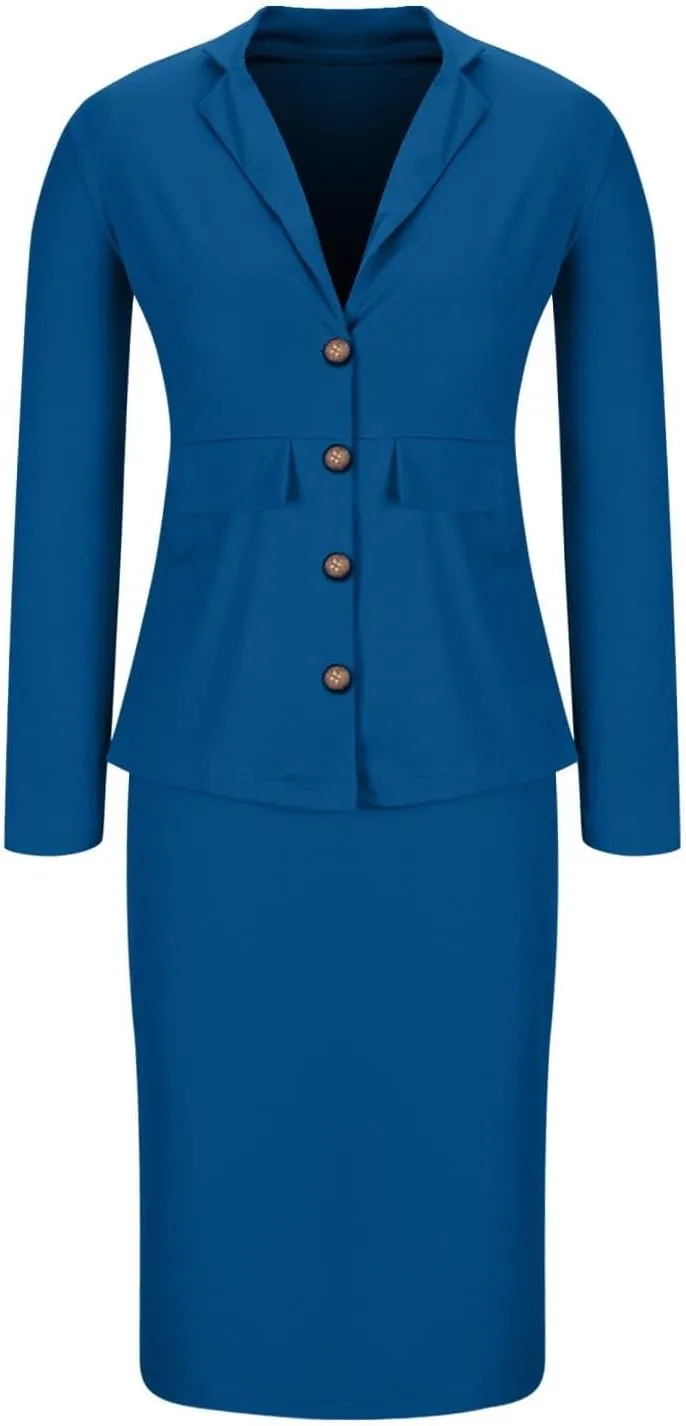 Women's Business Suit 2 Piece Long Sleeve Skirt Suit Set Lady Blazer Office Work Solid Slim Fit Jacket Outfits