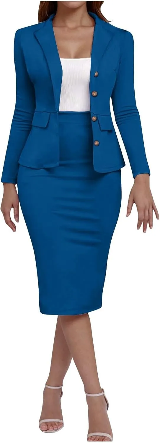 Women's Business Suit 2 Piece Long Sleeve Skirt Suit Set Lady Blazer Office Work Solid Slim Fit Jacket Outfits