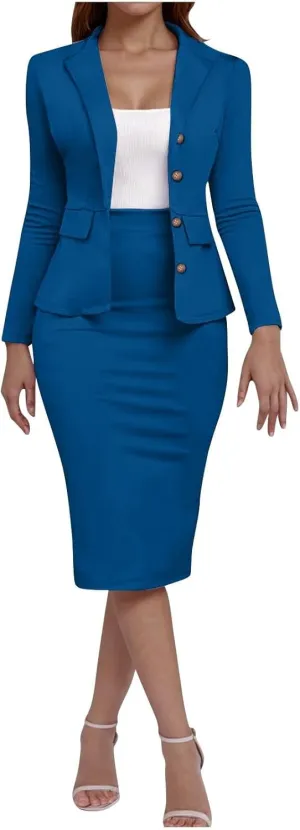 Women's Business Suit 2 Piece Long Sleeve Skirt Suit Set Lady Blazer Office Work Solid Slim Fit Jacket Outfits