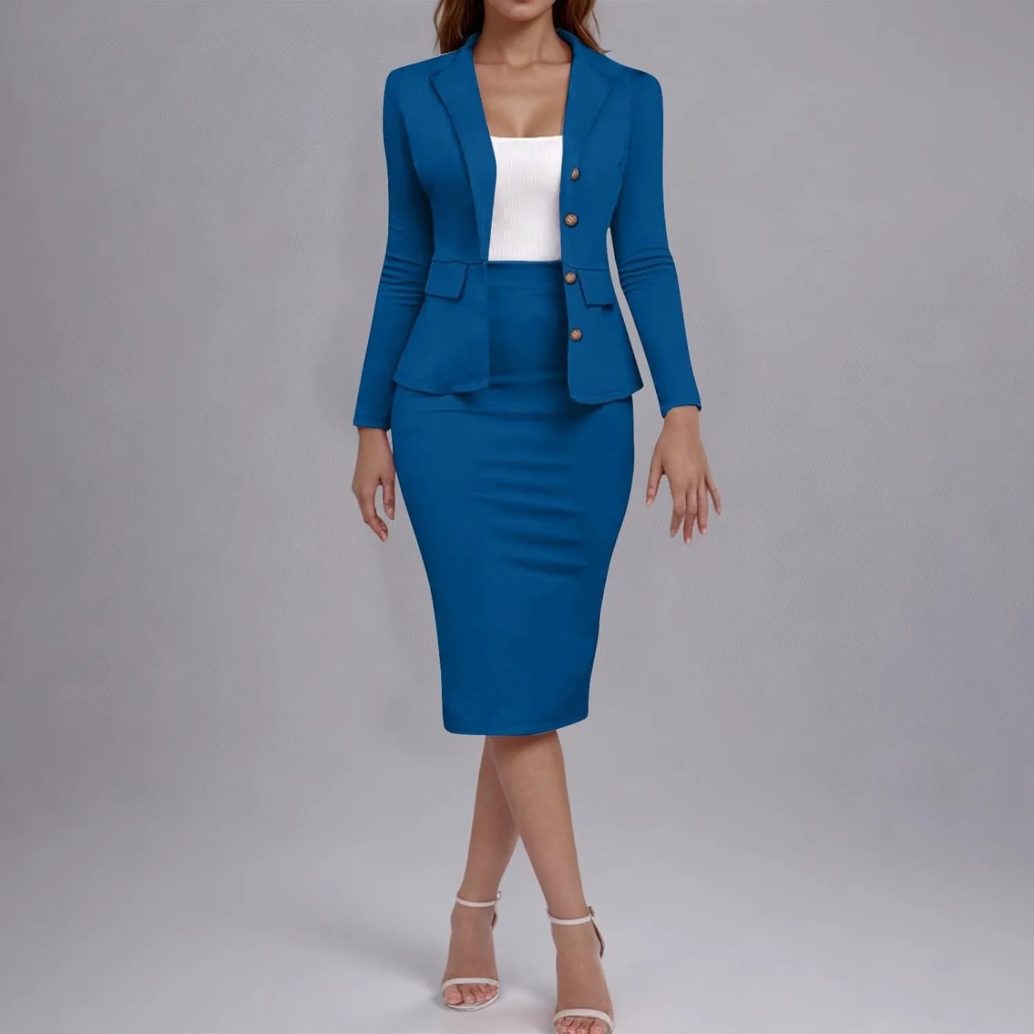 Women's Business Suit 2 Piece Long Sleeve Skirt Suit Set Lady Blazer Office Work Solid Slim Fit Jacket Outfits