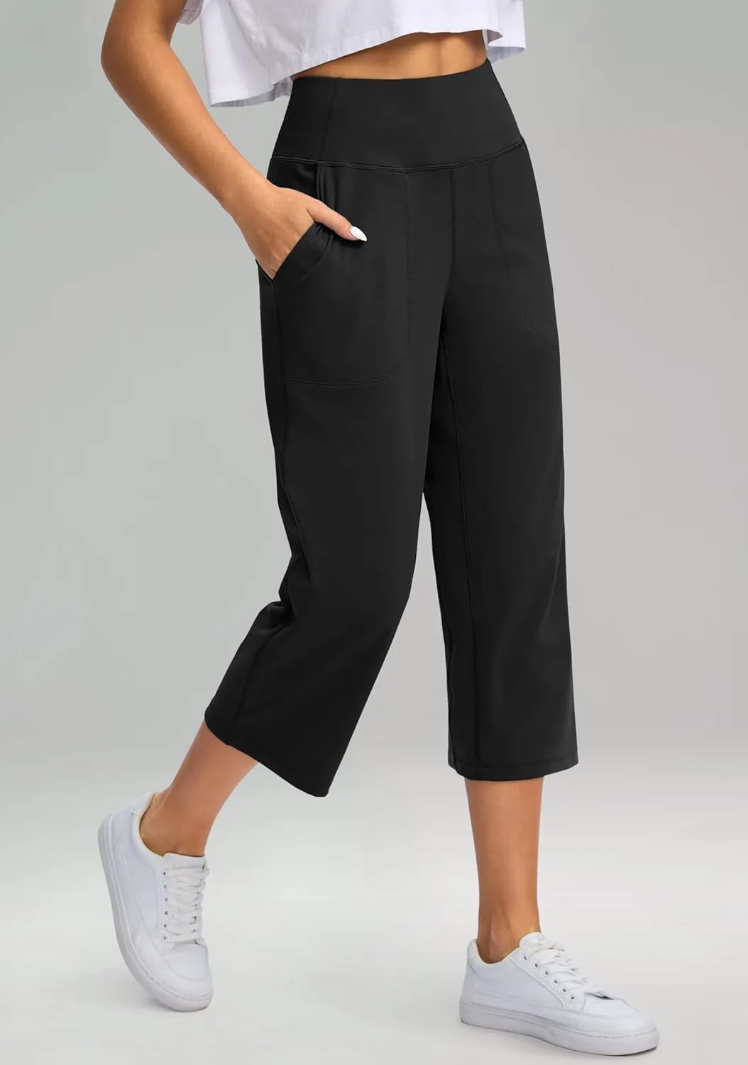 Women's Capri Pants with Pockets High Waist Yoga Pants Wide Leg Workout Crop Summer Pants for Casual, Travel, Exercise