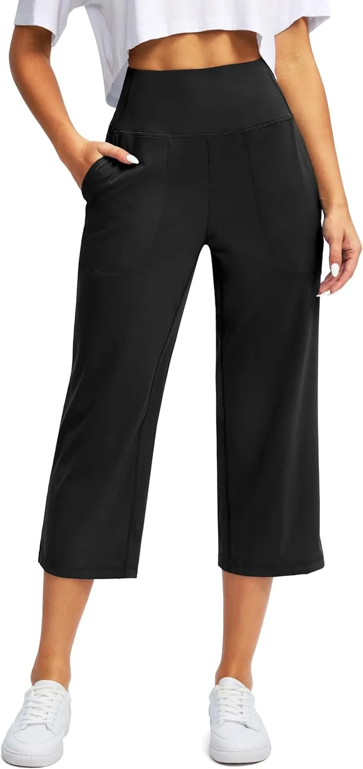 Women's Capri Pants with Pockets High Waist Yoga Pants Wide Leg Workout Crop Summer Pants for Casual, Travel, Exercise