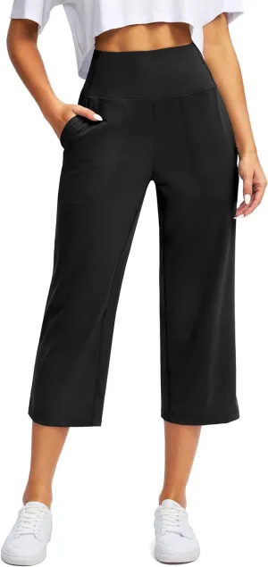 Women's Capri Pants with Pockets High Waist Yoga Pants Wide Leg Workout Crop Summer Pants for Casual, Travel, Exercise