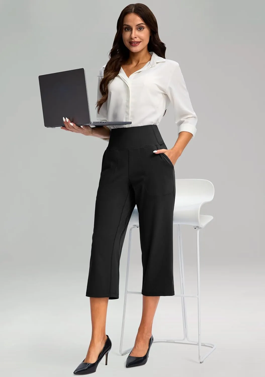 Women's Capri Pants with Pockets High Waist Yoga Pants Wide Leg Workout Crop Summer Pants for Casual, Travel, Exercise