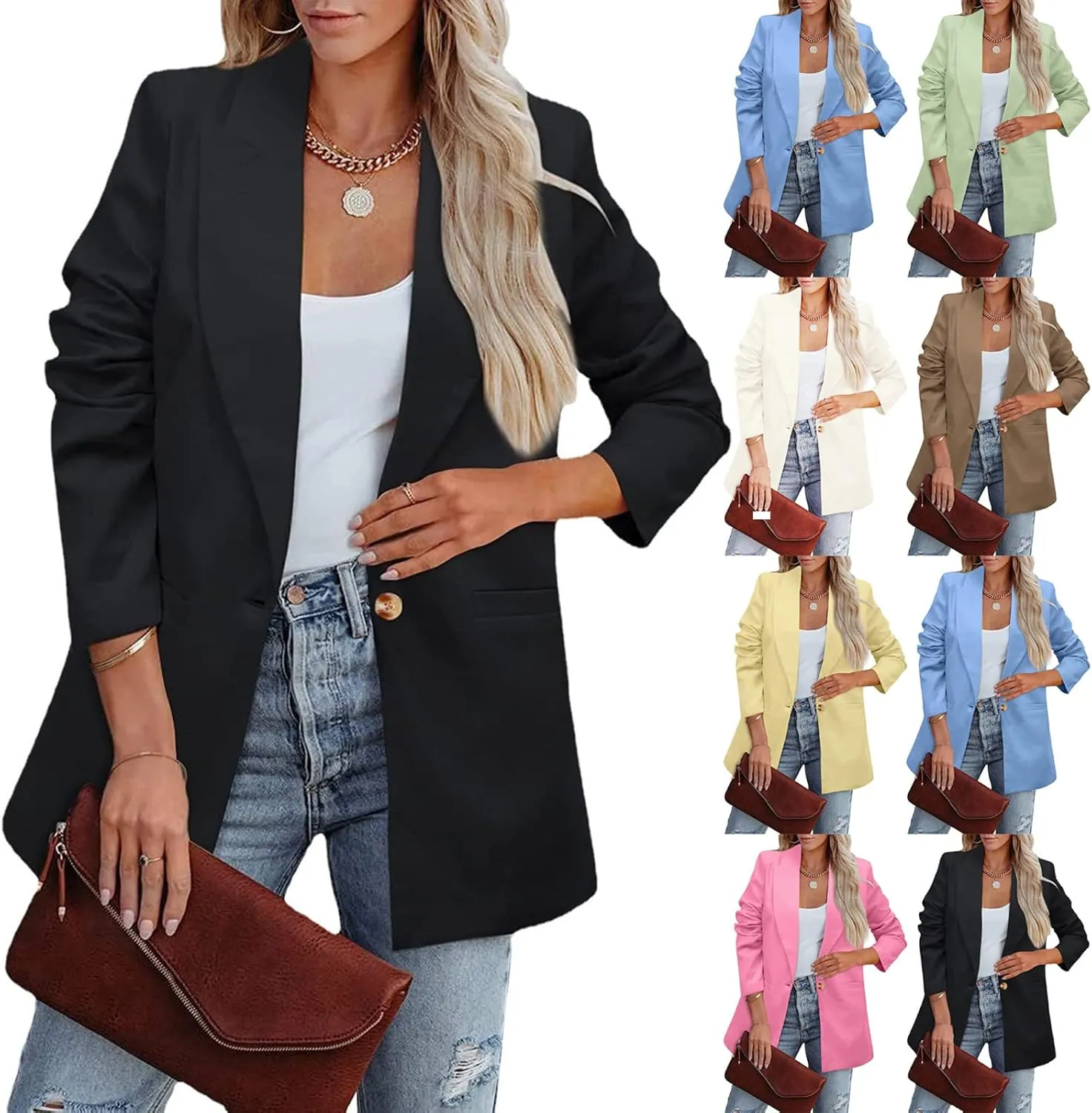 Womens Casual Bussiness Blazer Loose Long Sleeve Spring Summer Jackets Open Front Lapel Work Office Blazers Tops