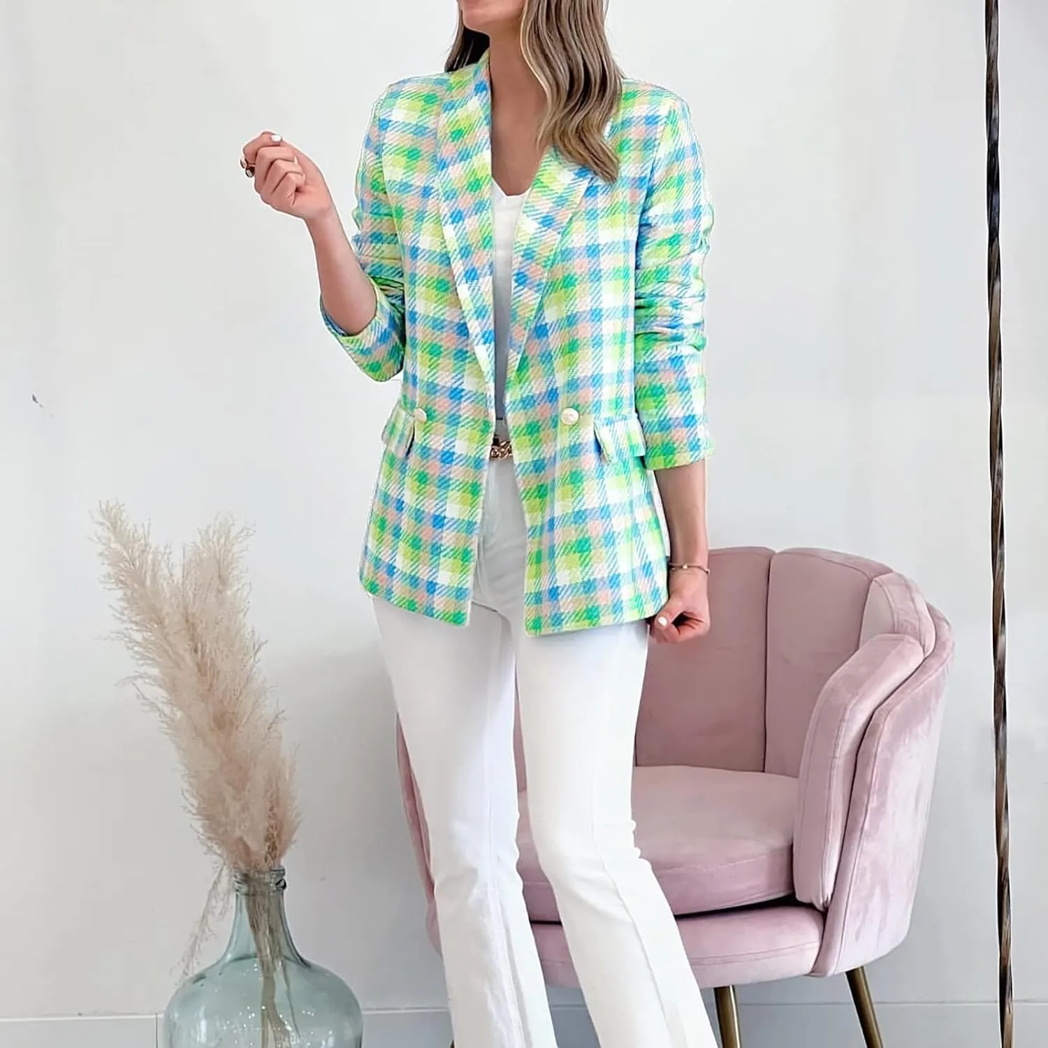 Womens Casual Light Weight Thin Jacket Slim Coat Long Sleeve Blazer Office Business Coats Plaid Down Lightweight Women