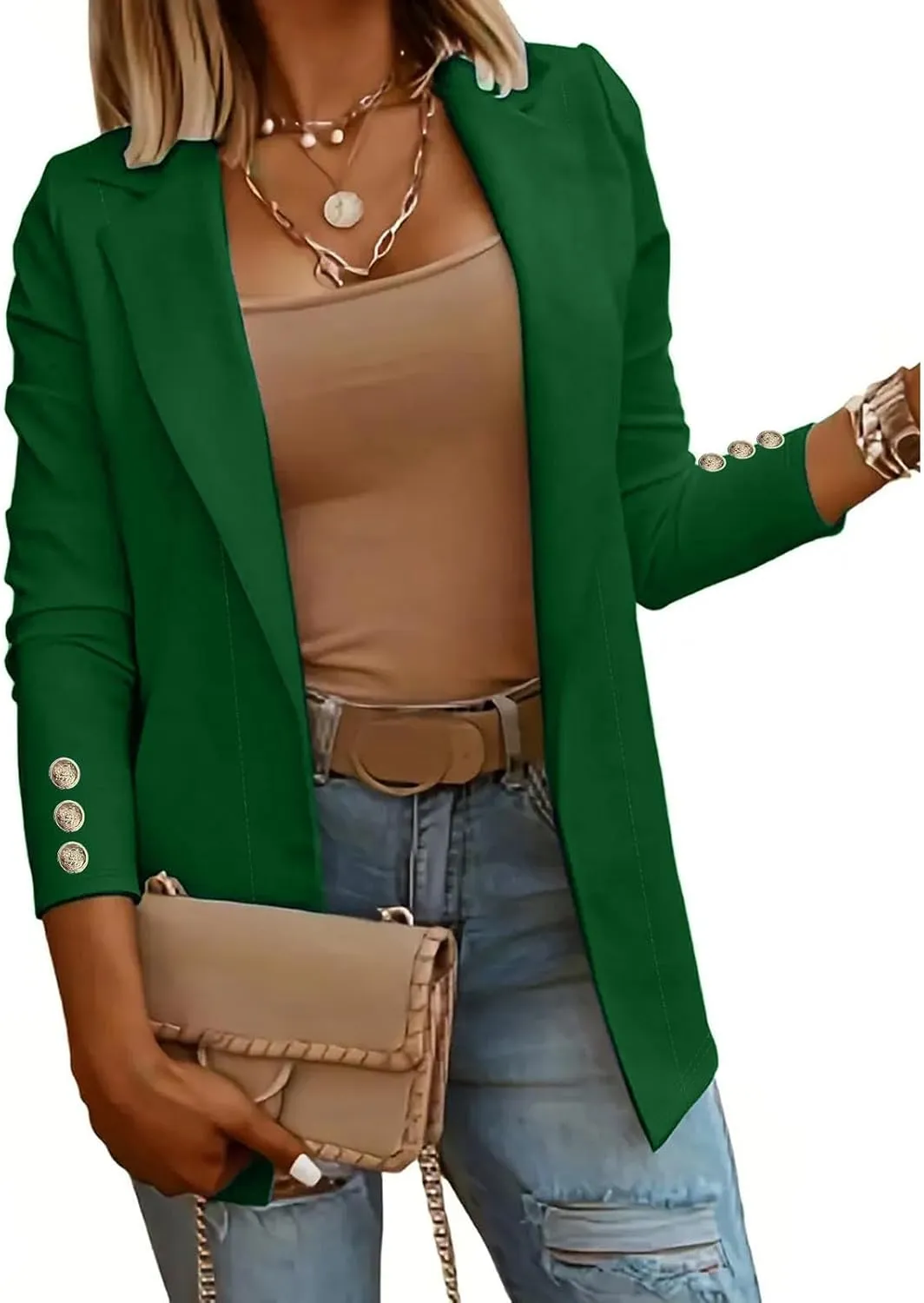 Womens Casual Long Sleeve Blazer Open Front Solid Color Work Office Blazer Jackets Lightweight Stretch Lapel Jackets