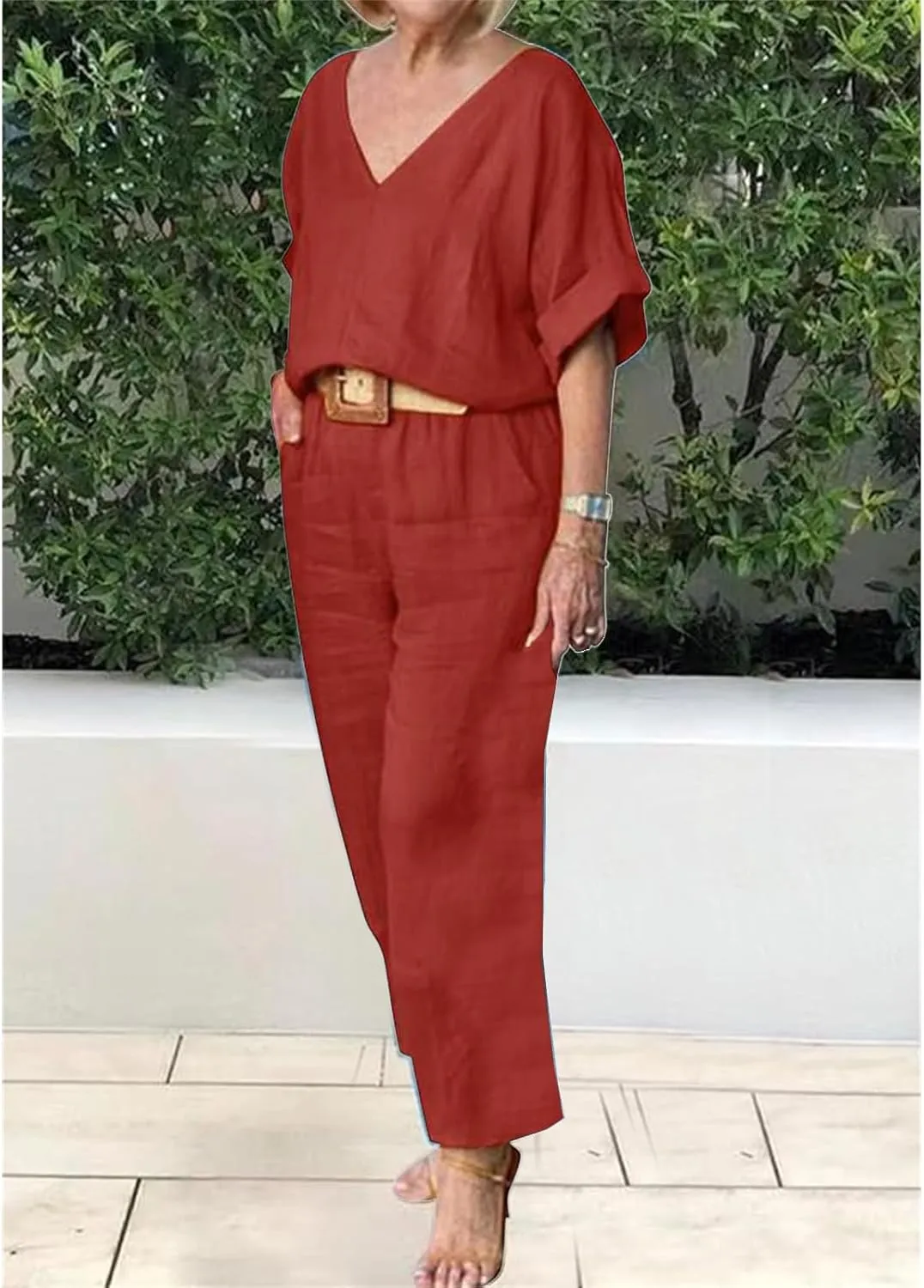 Women's Cotton and Linen Casual Two-Piece Set Summer Oversized Short Sleeve T Shirts V Neck Top Loose Capri Pant Sets