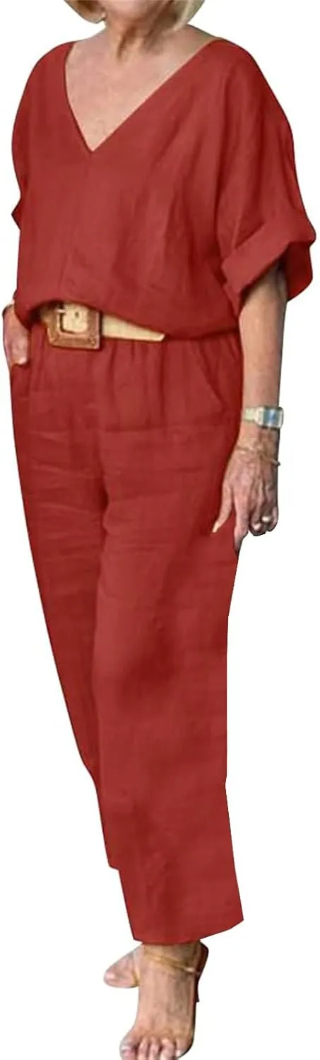 Women's Cotton and Linen Casual Two-Piece Set Summer Oversized Short Sleeve T Shirts V Neck Top Loose Capri Pant Sets