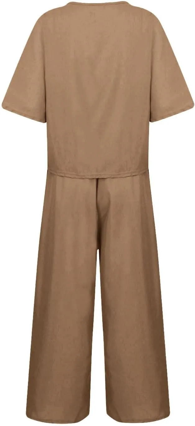 Women's Cotton Linen 2 Piece Sets Summer Casual Sets Short Sleeve Tops and Wide Leg Pants Suits Vacation Beach Outfits