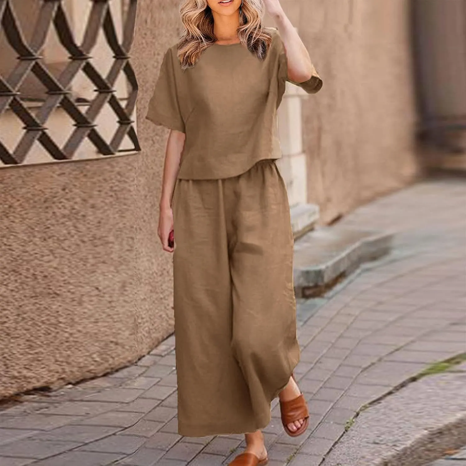 Women's Cotton Linen 2 Piece Sets Summer Casual Sets Short Sleeve Tops and Wide Leg Pants Suits Vacation Beach Outfits