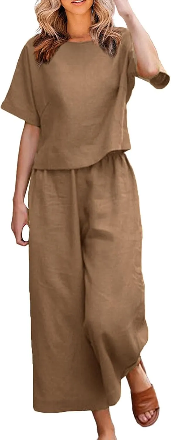 Women's Cotton Linen 2 Piece Sets Summer Casual Sets Short Sleeve Tops and Wide Leg Pants Suits Vacation Beach Outfits