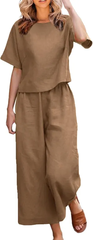 Women's Cotton Linen 2 Piece Sets Summer Casual Sets Short Sleeve Tops and Wide Leg Pants Suits Vacation Beach Outfits