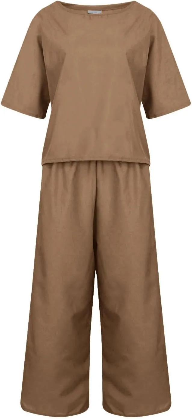 Women's Cotton Linen 2 Piece Sets Summer Casual Sets Short Sleeve Tops and Wide Leg Pants Suits Vacation Beach Outfits