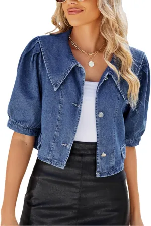 Women's Cute Puff Short Sleeve Denim Crop Top Slim Cropped Jean Jacket